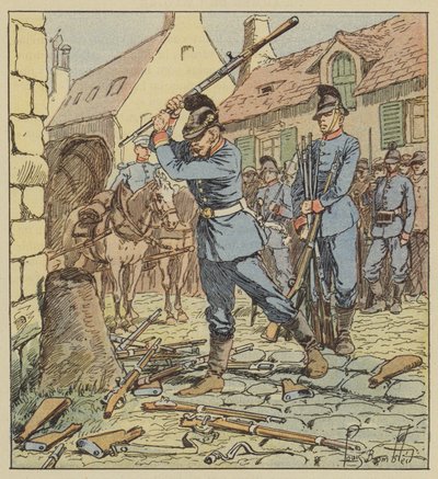I Faubourg des Aydes bryter en bayersk underoffiser Chassepots av after Louis Charles Bombled