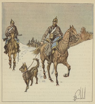 Preussiske ryttere i rekognosering, innledet av hunder holdt i bånd av after Louis Charles Bombled