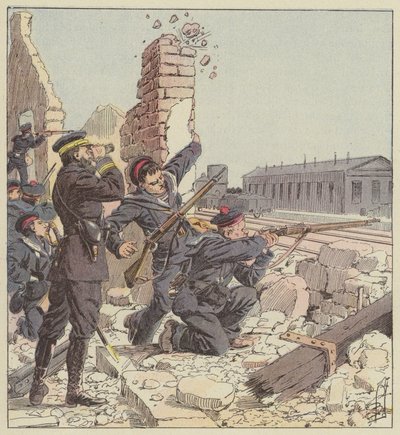Forsvar av Tien-Tsin-stasjonen av marinesoldater av after Louis Charles Bombled