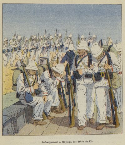 Ombordstigning ved Majunga av ruskene fra det 200 av after Louis Charles Bombled