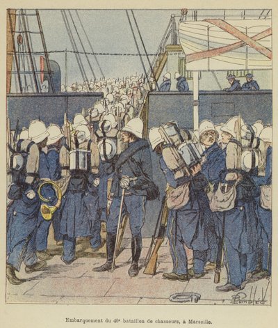 Ombordstigning av den 40. bataljonen av chasseurs, i Marseilles av after Louis Charles Bombled