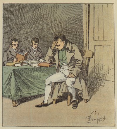 Og Napoleon var stille i noen øyeblikk, og hodet hvilte på den ene hånden hans. av after Louis Charles Bombled