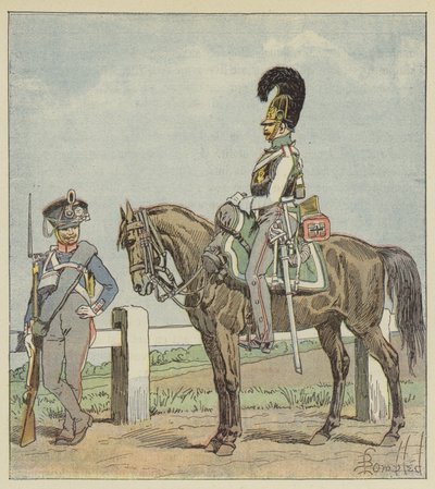 Prussian Line Infantry (42. Reg) og Prussian Cuirassier (1806) av after Louis Charles Bombled
