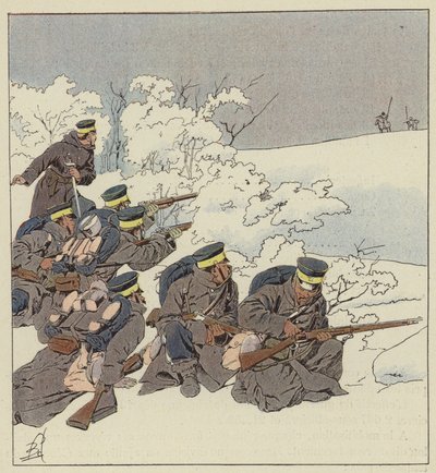 Japansk infanteri i feltkjole om vinteren av after Louis Charles Bombled