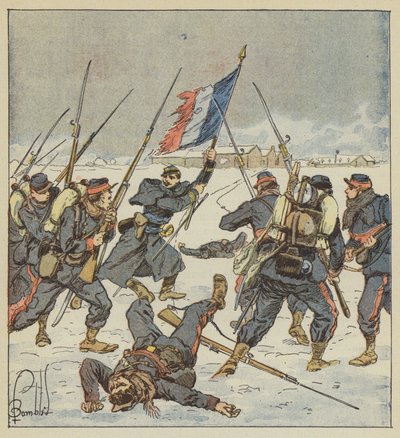Kaptein Couturie, fra Mobiles of Sarthe, lanserer, med flagget i hånden, til angrepet av Mee av after Louis Charles Bombled