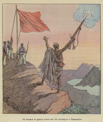 Krigsflagget vaier over fjellene i Tananarive av after Louis Charles Bombled