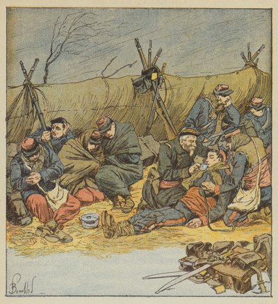 Soldatene, som ikke lenger er i stand til å oppholde seg i teltet, improviserer tilfluktsrom av after Louis Charles Bombled