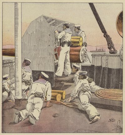 Japanische Matrosen beschießen die chinesische Flotte am Yalou von after Louis Charles Bombled