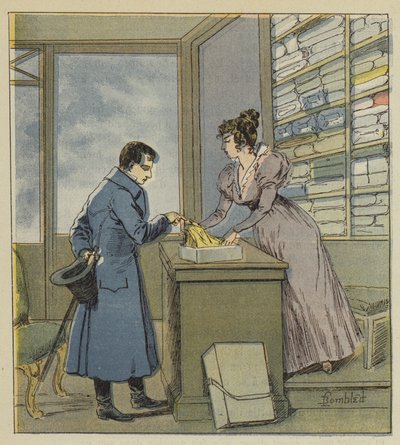 Napoleon i forkledning i en butikk på rue Saint-Denis av after Louis Charles Bombled