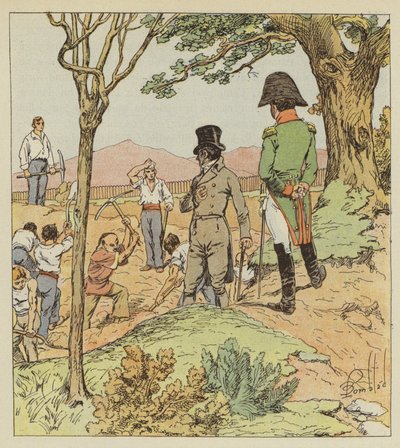 Napoleon undersøker festningsverkene som guvernøren reiser rundt Longwood av after Louis Charles Bombled