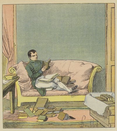 Napoleon går gjennom bøkene som nettopp har blitt sendt til ham av after Louis Charles Bombled