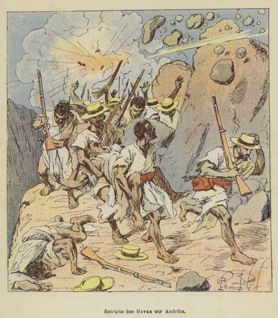 Retreat of the Hovas på Andriba av after Louis Charles Bombled