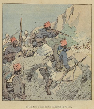 Soldater fra Combes-kolonnen overrasker opprørere av after Louis Charles Bombled