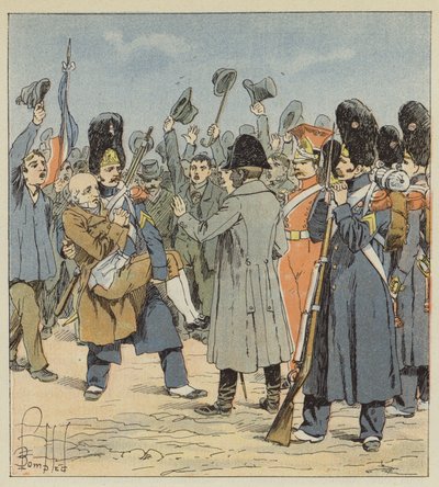 En grenader fra øya Elba tar med seg sin utenårige far til Napoleon, bærende ham i armene av after Louis Charles Bombled