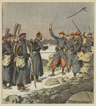 En tysk offiser returnerer sverdet sitt til en fransk korporal som kaster det mot vinden av after Louis Charles Bombled