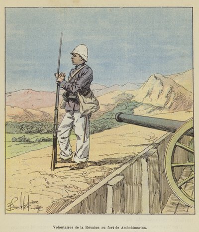 Gjenforeningsfrivillige ved Ambohimarina fort av after Louis Charles Bombled
