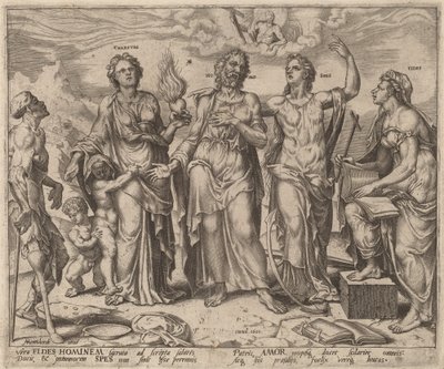 Mann assistert av tro, håp og nestekjærlighet av after Maerten van Heemskerck