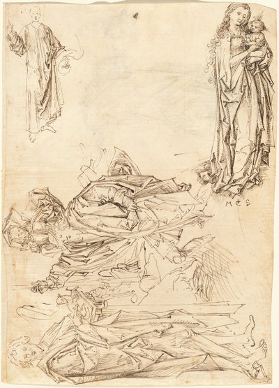 Den hellige Christopher, den hellige døperen Johannes, jomfruen og barnet, og Kristus velsignelse (recto) av after Martin Schongauer Master of the Drapery Studies