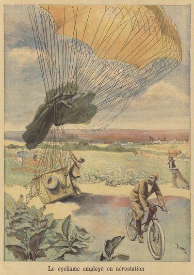 En syklist setter i gang etter å ha blitt båret av en ballong av after Oswaldo Tofani