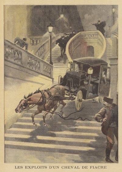 En hest som drar en drosje ned en trappetrinn i Paris av after Oswaldo Tofani