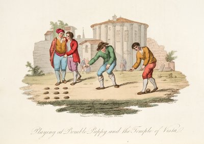 Spiller på Bumble Puppy og Temple of Vest, fra Italian Scenery, som representerer manerer, skikker og fornøyelser i de forskjellige statene i Italia, pub. 1806 (håndfarget gravering) av after P. van Lerberghi