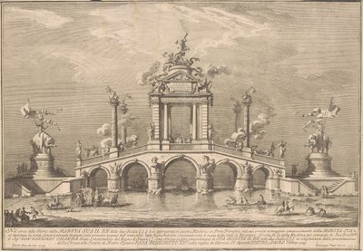 Prima Macchina for Chinea av 1755: En triumfbro med antikviteter fra Herculaneum av after Paolo Posi Giuseppe Vasi