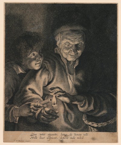 Gammel kvinne og en gutt med stearinlys av after Peter Paul Rubens