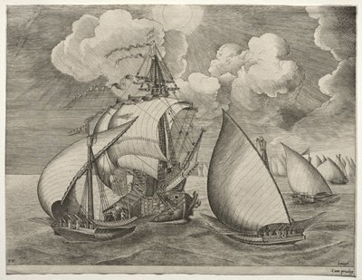 Seilfartøy: En flåte av bysser eskortert av en karavel av after Pieter Bruegel
