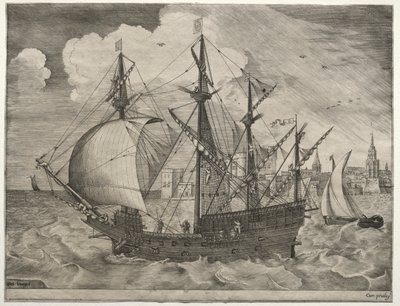 Seilfartøy: Bevæpnet fire-skipper på sjøen av after Pieter Bruegel