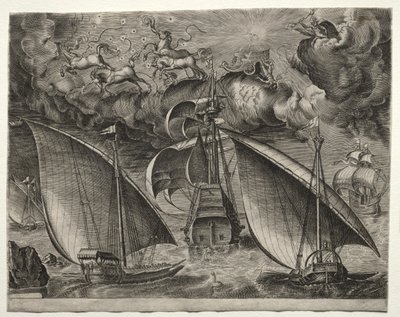 Seilfartøy: To bysser som seiler bak en væpnet tremester med Phaeton og Jupiter i himmelen av after Pieter Bruegel
