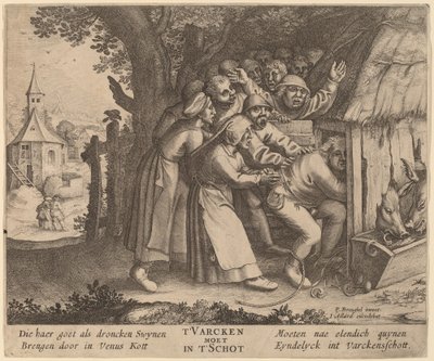 Drunkarden dyttet inn i grisestien av after Pieter Bruegel the Elder