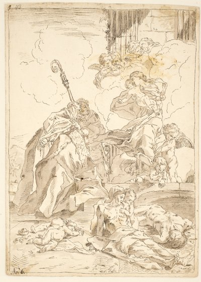 Madonnaen og barnet viser seg for to mannlige helgener under et pesteutbrudd av after Pietro Testa