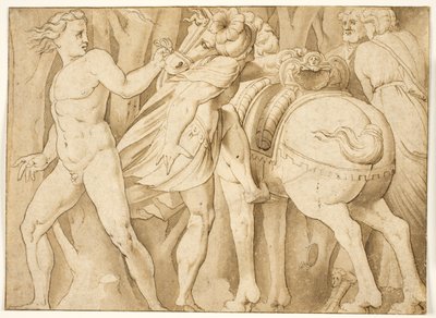 Scene fra romersk historie? En mann som går på en hest holdt av en naken mann av after Polidoro da Caravaggio