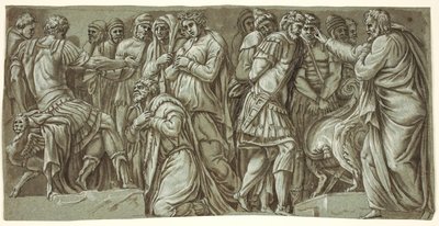 Familien til Darius før Alexander og en scene med fanger; fra fasaden til Palazzo Milesi av after Polidoro da Caravaggio