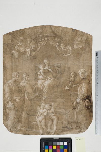 Madonna og barn med Sts Peter, Bernard (eller Bruno), James, Augustine og fire engler, Madonna del Baldacchino av after Raphael