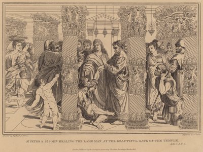 St. Peter og St. Johannes helbreder den lamme mannen, ved den vakre tempelporten, Apg av after Raphael