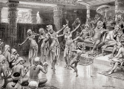 Et kunstnerinntrykk fra 1800-tallet av Gautamiputra Satakarani som feirer sin seier over Nahapana, fra Hutchinsons History of the Nations, pub.1915 av after Robert Dudley