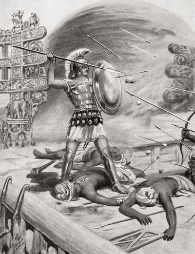 Alexander den store kjempet mot Assacani ved den befestede byen Massaga, India under hans indiske kampanje i 326 f.Kr., fra Hutchinsons History of the Nations, pub.1915 av after Robert Dudley