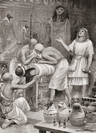 Balsamering av en kropp i det gamle Egypt, fra Hutchinsons History of the Nations, pub.1915 av after Robert Dudley