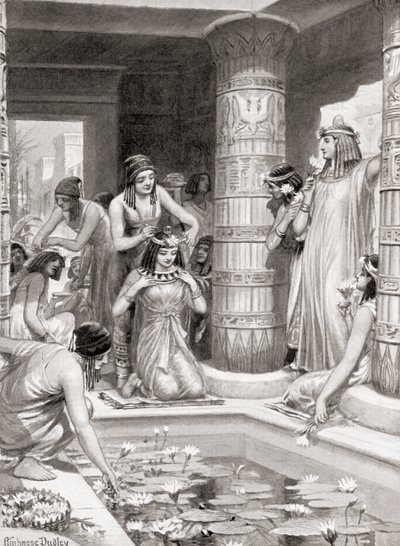 Gjester som ankom middag i det gamle Egypt fikk vann for å vaske føttene og hendene, salvet med duftende olje og kronet med blomsterkranser, fra Hutchinsons History of the Nations, pub av after Robert Dudley
