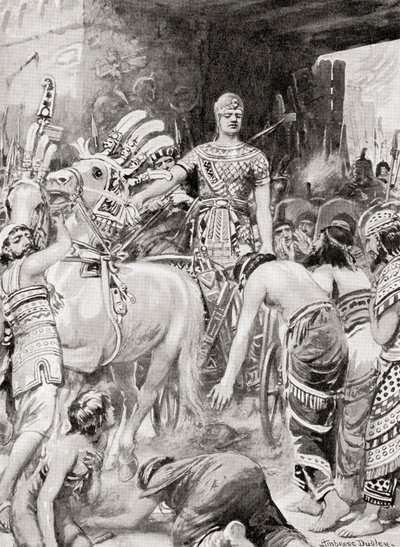 Psamtik I av Egypt på vei inn i byen Azotus eller Ashdod, fra Hutchinsons History of the Nations, pub.1915 av after Robert Dudley