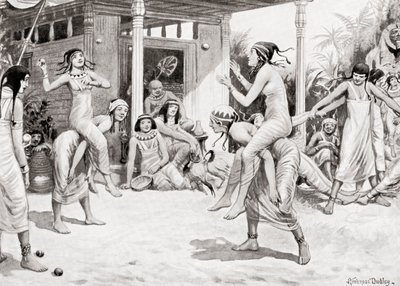 Unge jenter som spiller ball i form av en dans i det gamle Egypt, fra Hutchinsons History of the Nations, pub.1915 av after Robert Dudley
