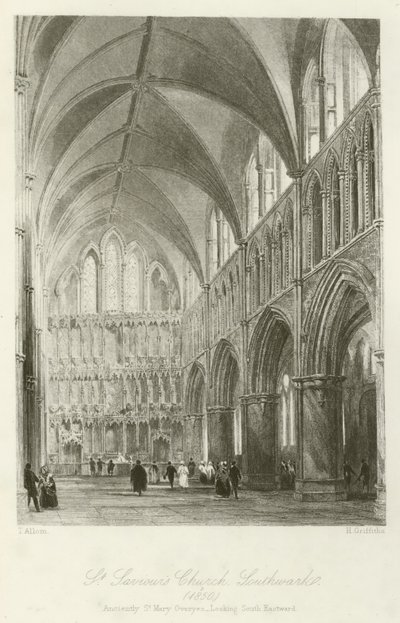 St Savios Church, Southwark, 1850, gammelt St Mary Overyes, med utsikt mot sørøst av after Thomas Allom