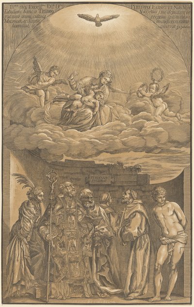Jomfruen og barnet i skyene med seks hellige av after Titian John Baptist Jackson