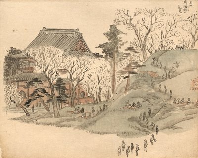 Cherry Blossom Viewing ved tempelet på Mount Suribachi etter et design i bind 5 av Picture Book of the Souvenirs of Edo (Ehon Edo miyage) av after Utagawa Hiroshige