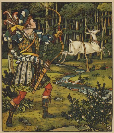 Prins Guerrier forfølger Hind in the Wood av after Walter Crane