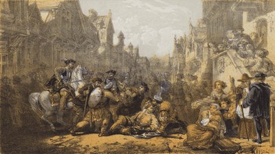 Old Linlithgow, Assassination of Regent Moray (chromolitho) av after William Allan