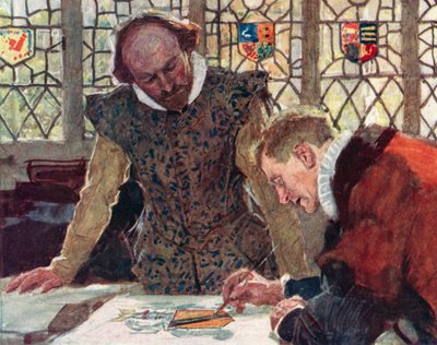 Shakespeare ved Heralds College på Pauls Wharf Hill for å diskutere farens våpenskjold av after William Hatherell