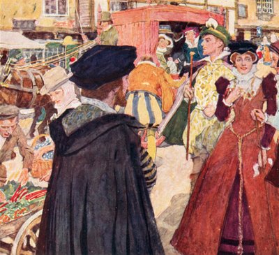 Shakespeare observerer de tåpelige motene og krumspringene til fopsens på Ludgate Hill, London av after William Hatherell
