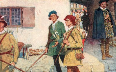 Shakespeare ser en gruppe lærlinger med pil og bue som går til bueskytingsbanen ved Moorfields, London av after William Hatherell
